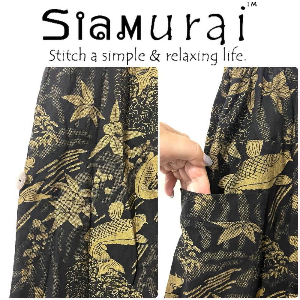 Samurai Pants 🎋 Black & Golden Koi • Elastic Waist One Size Unisex • Thailand - Picture 3 of 6